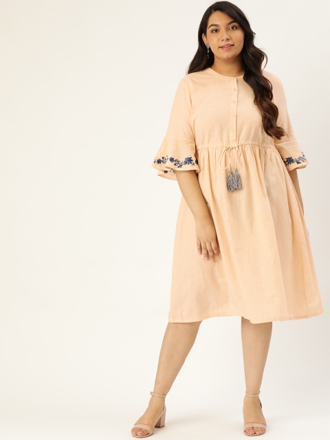 

Sztori Plus Size Women Cream-Coloured Self-Striped A-Line Dress