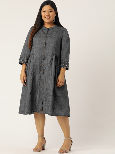 

Sztori Plus Size Women Charcoal Grey Self-Striped A-Line Dress