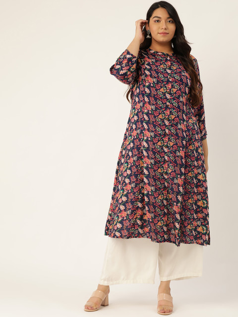 

Sztori Plus Size Women Navy Blue & Pink Printed Plus Size A-Line Kurta