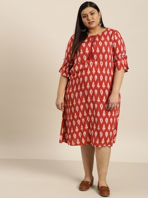 

Sztori Plus Size Women Rust Red Beige Printed A-Line Dress