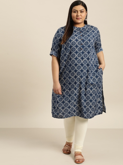 

Sztori Plus Size Women Navy Blue Off-White Printed Straight Kurta