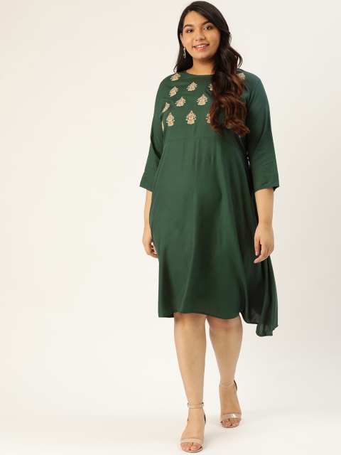 

Sztori Plus Size Women Green Orange Embroidered A-Line Dress