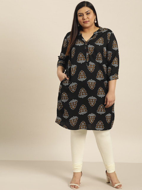 

Sztori Plus Size Women Black White Printed Straight Kurta