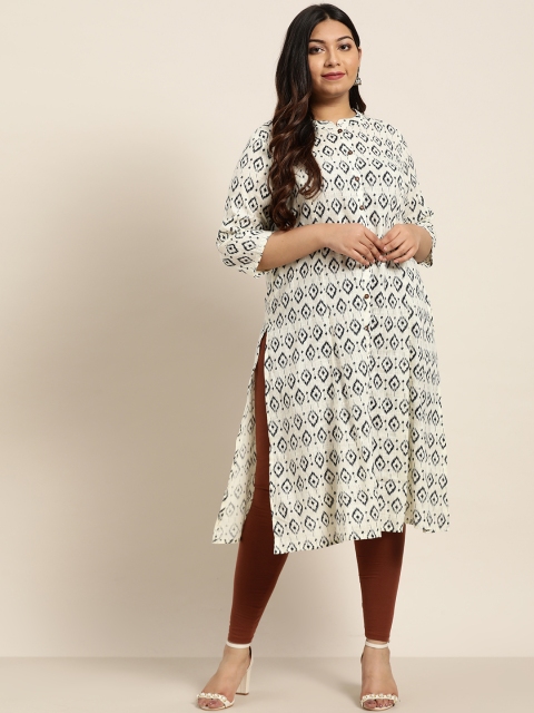 

Sztori Plus Size Women Off-White Navy Blue Printed Straight Kurta