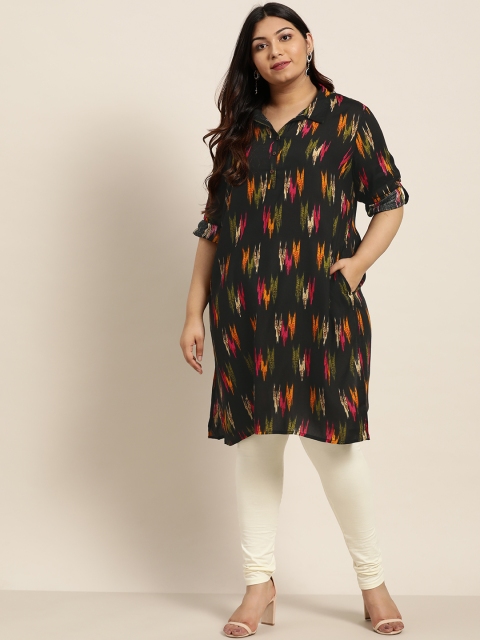 

Sztori Plus Size Women Black Orange Printed Straight Kurta