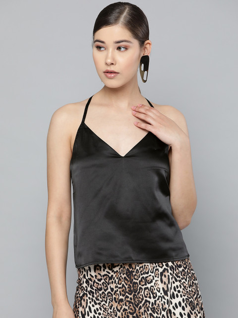 

Trend Arrest Women Black Solid Satin Finish Styled Back Top