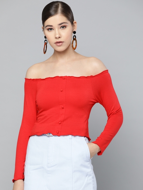 

Trend Arrest Women Red Solid Cropped Fitted Top