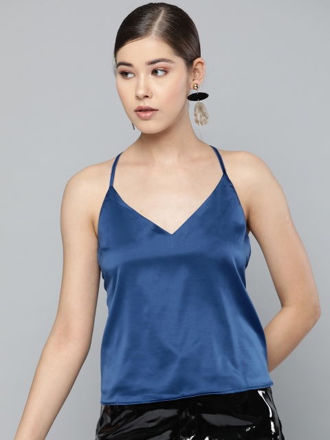 

Trend Arrest Women Blue Solid Satin Finish Styled Back Top