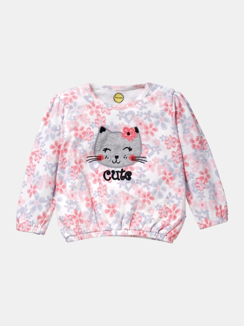 

Pranava Girls White & Pink Floral Print Organic Cotton Blouson Top