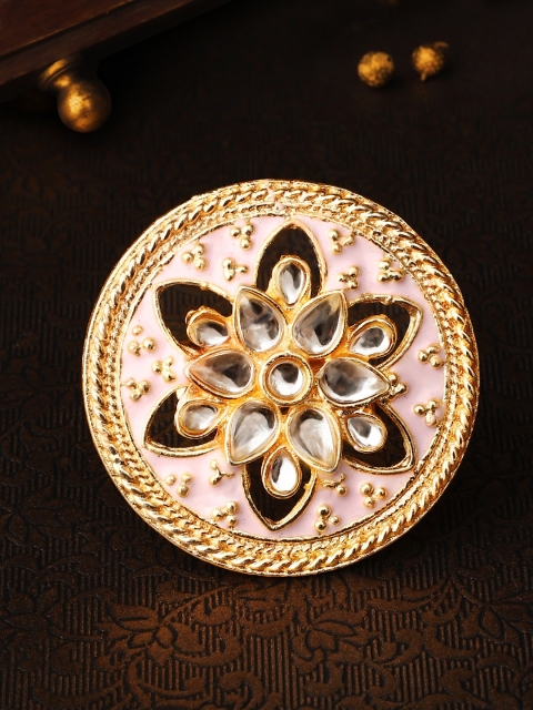 

Rubans Women Gold-Toned & White Enamelled Kundan Studded Statement Finger Ring