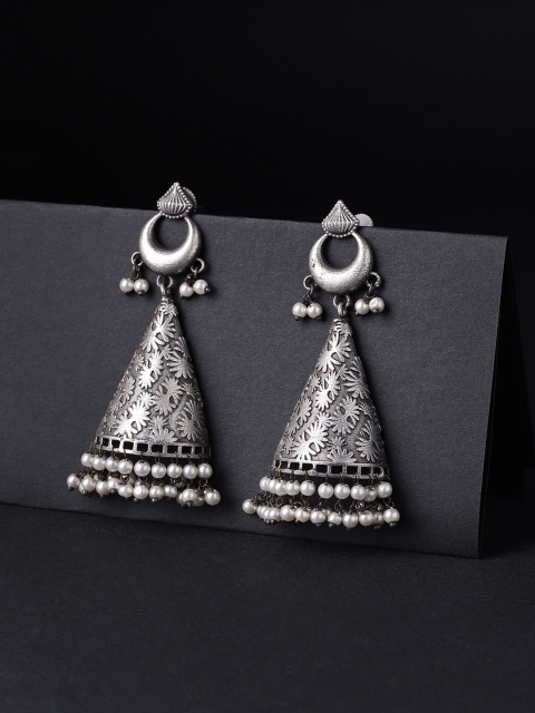 

Infuzze Oxidised Silver-Toned Brass-Plated Beaded Textured Triangular Drop Earrings