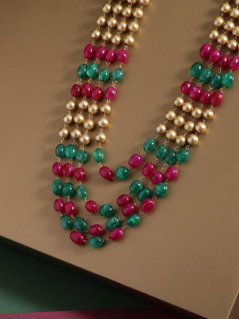 

Infuzze Magenta & Green Brass-Plated Beaded Layered Necklace