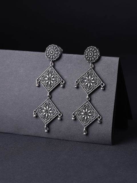 

Infuzze Oxidised Silver-Toned Brass-Plated Textured Beaded Geometric Drop Earrings
