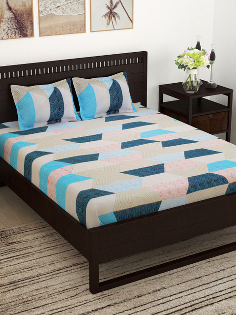 

Story@home Beige & Blue Geometric 150 TC Cotton 1 King Bedsheet with 2 Pillow Covers