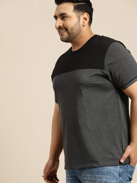 

Sztori Plus Size Men Charcoal Grey Black Colourblocked Round Neck T-shirt