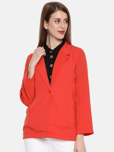 

People Women Coral Orange Solid Regular Fit Single-Breasted Blazers