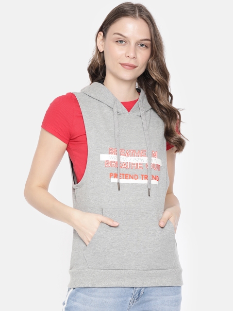 

People Women Grey Melange Printed Hooded Sweatshirt With Applique Detailing