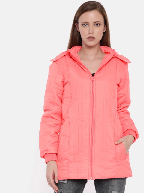 

People Women Pink Solid Detachable Hooded Padded Jacket