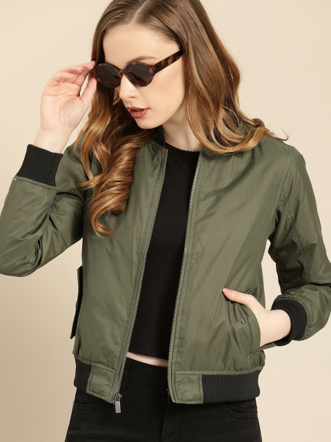 

Ms.Taken Women Olive Green Solid Bomber Jacket