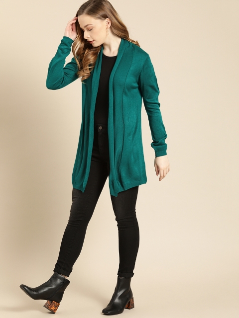 

Ms.Taken Women Teal Solid Front-Open Longline Sweater