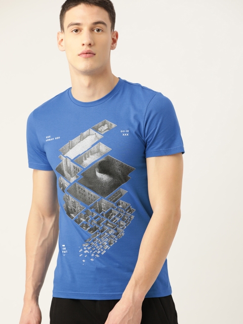 

United Colors of Benetton Men Blue & Charcoal Grey Printed Round Neck T-shirt