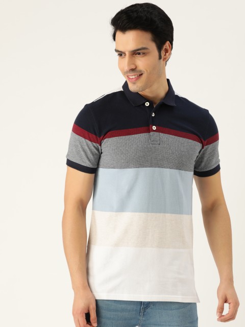 

United Colors of Benetton Men Blue & Grey Striped Polo Collar T-shirt