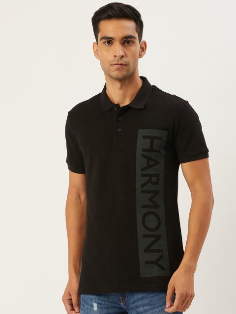 

United Colors of Benetton Men Black & Charcoal Grey Printed Polo Collar T-shirt