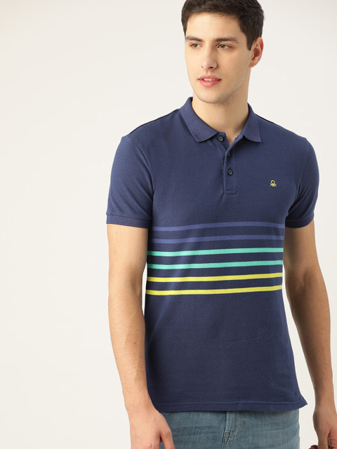 

United Colors of Benetton Men Navy Blue Striped Polo Collar T-shirt