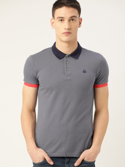 

United Colors of Benetton Men Grey Solid Polo Collar T-shirt