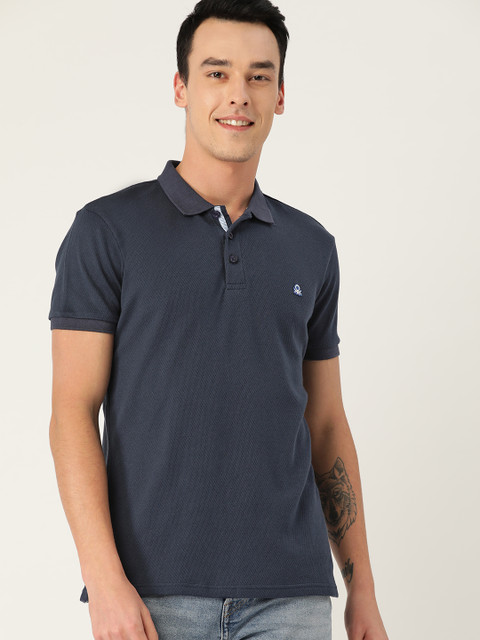 

United Colors of Benetton Men Navy Blue Self Design Polo Collar T-shirt