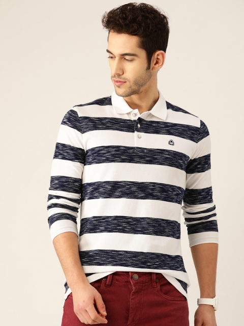 

United Colors of Benetton Men White & Navy Blue Striped Polo Collar T-shirt