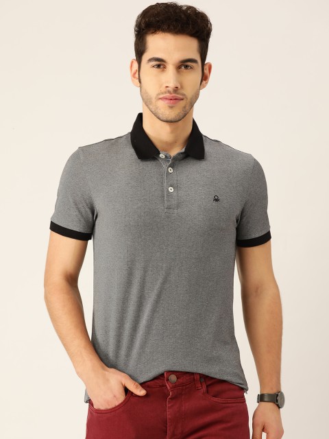 

United Colors of Benetton Men Black Self Design Polo Collar T-shirt