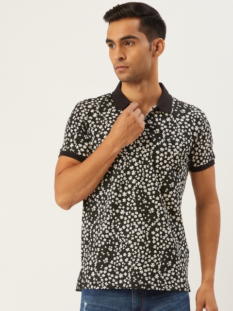 

United Colors of Benetton Men Black & White Floral Print Slim Fit Polo Collar T-shirt