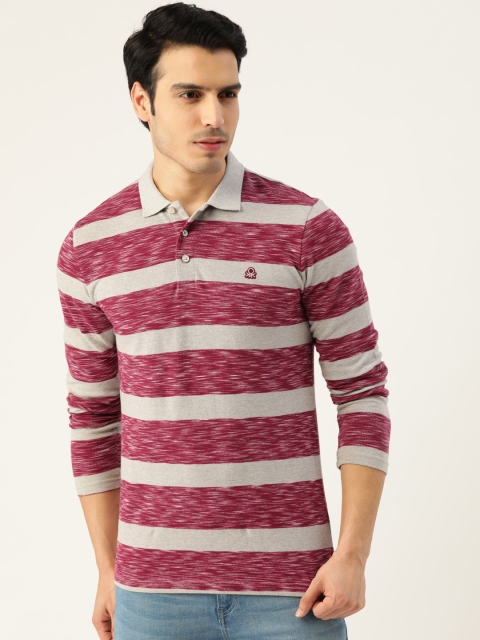 

United Colors of Benetton Men Maroon Grey Striped Polo Collar Pure Cotton T-shirt