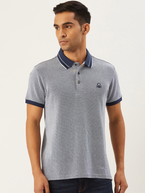 

United Colors of Benetton Men Blue Self Design Polo Collar T-shirt
