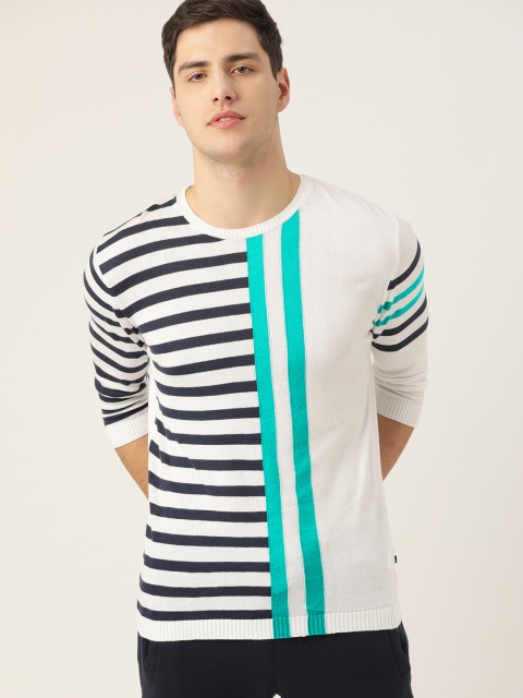 

United Colors of Benetton Men White & Navy Blue Striped Round Neck T-shirt