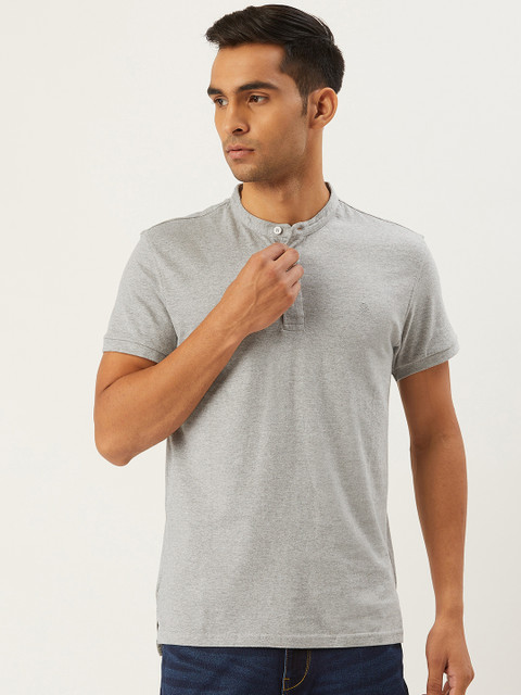 

United Colors of Benetton Men Grey Melange Solid Slim Fit Henley Neck T-shirt