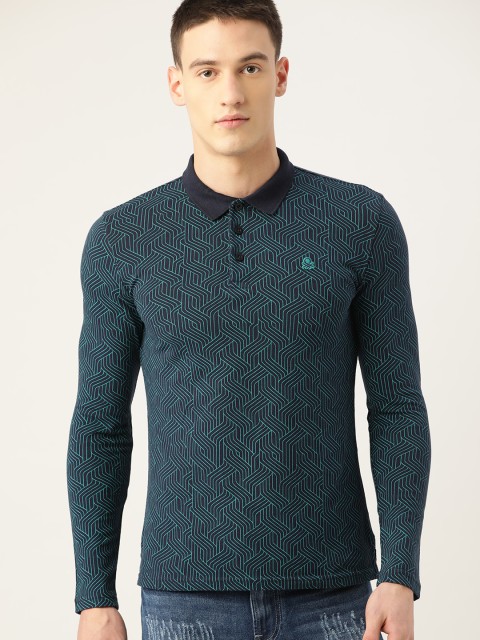 

United Colors of Benetton Men Navy Blue & Green Printed Polo Collar T-shirt