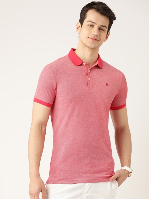 

United Colors of Benetton Men Red Self Design Pure Cotton Polo Collar T-shirt