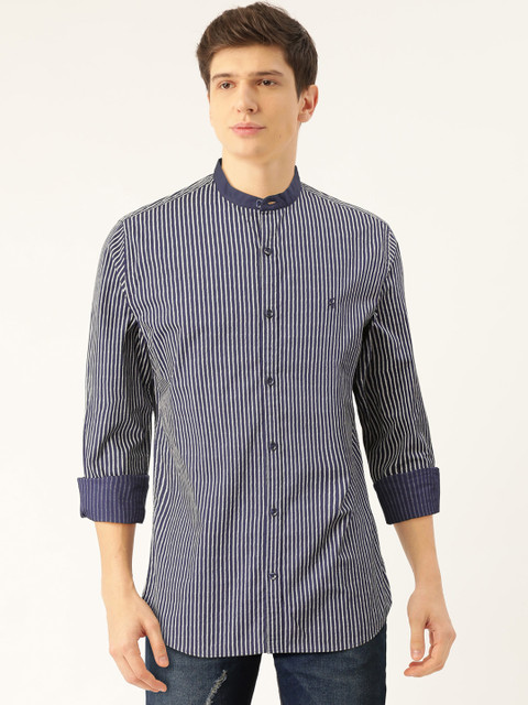 

United Colors of Benetton Men Navy Blue & White Slim Fit Striped Casual Shirt