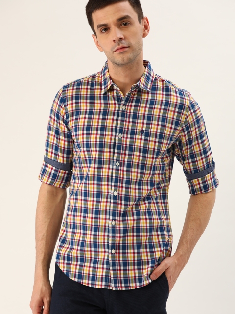

United Colors of Benetton Men Navy Blue & Yellow Slim Fit Checked Casual Shirt