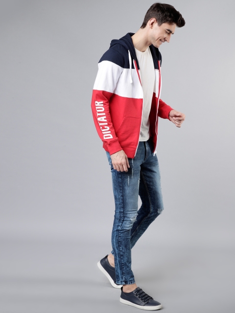 

LOCOMOTIVE Men Navy Blue & Red Colourblocked Hooded Sweatshirt