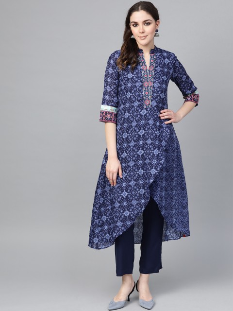 

Biba Women Navy Blue Printed Kurta with Trousers