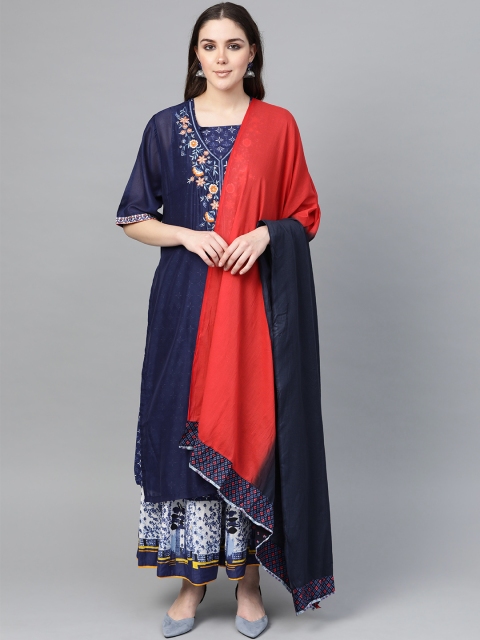 

Biba Women Navy & Off-White Printed Kurta with Skirt & Dupatta, Navy blue