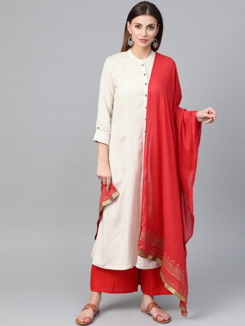 

Biba Women Off-White & Red Solid Kurta with Palazzos & Dupatta