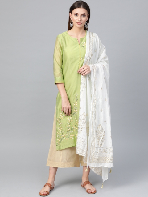 

Biba Women Green & Beige Embroidered Kurta with Palazzos & Dupatta