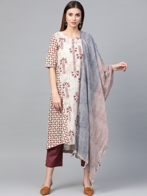 

Biba Women Beige & Maroon Printed Kurta with Trousers & Dupatta