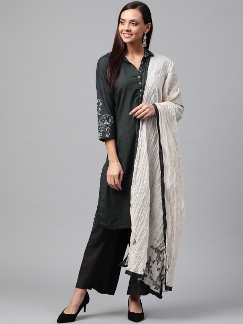 

Biba Women Charcoal Grey & Off-White Solid Kurta with Palazzos & Dupatta