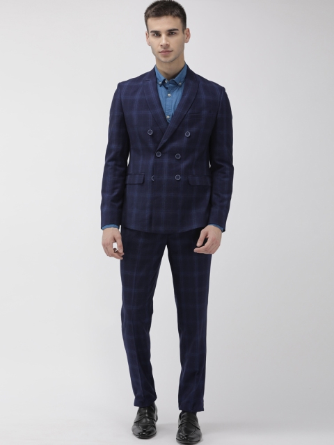 

Park Avenue Navy Blue Checked Double-Breasted Regular Fit Formal Suit