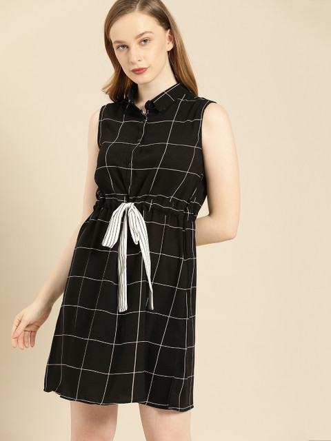 

Ms.Taken Women Black Checked Fit and Flare Dress